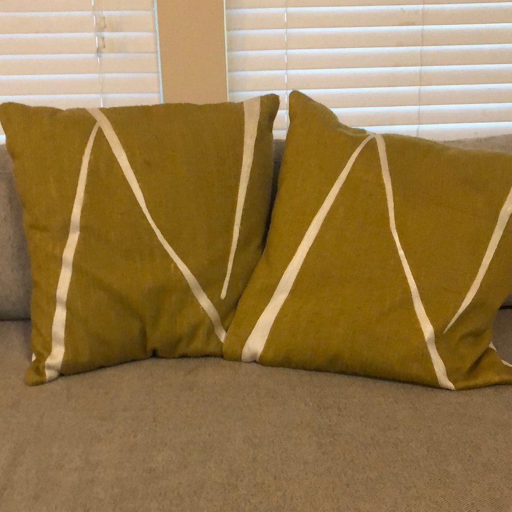West Elm mustard Green & White Geometric Accent Pillows (Pair)